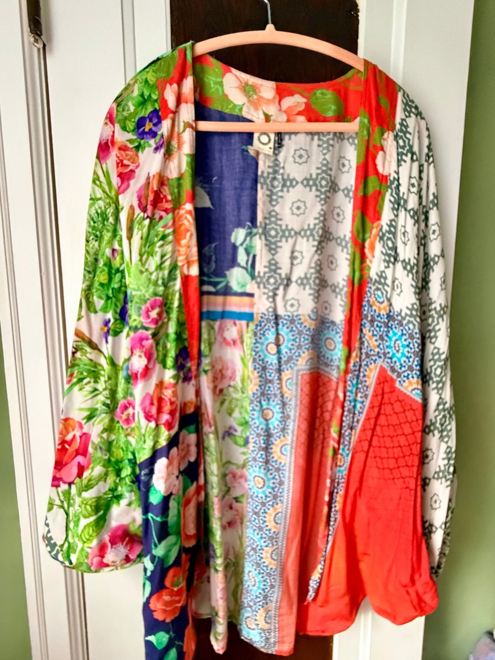 Floral Mixed-Print Open-Front Kimono Shrug - Orange, Green, Navy, White
